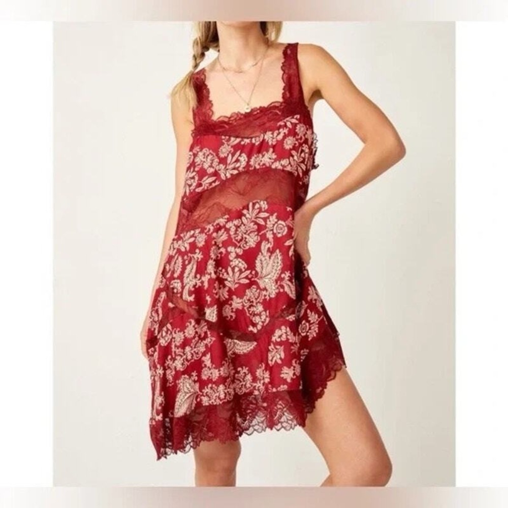 Free People Burgundy Floral Lace Mini Dress